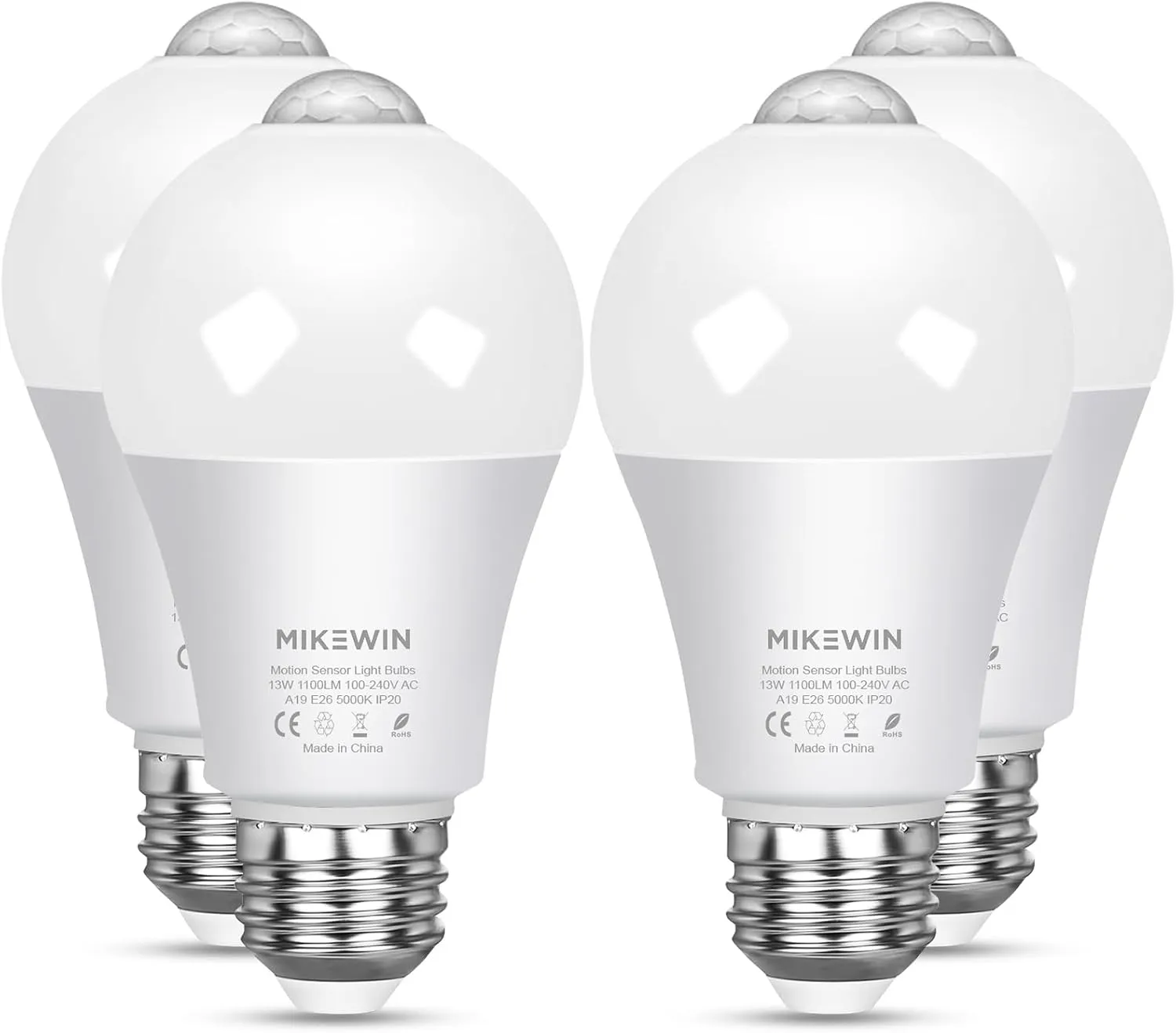 MikeWin Motion Sensor Light Bulbs Outdoor 4 Packs 13W(100W Equivalent) Security LED Bulb, Indoor E26, A19, 5000K Daylight Dusk to Dawn Bulb for Garage Front Door Porch Stairs Hallway