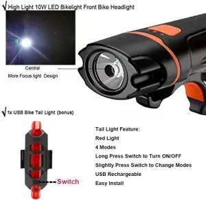 MinChen High Power LED Bike Light Bike Front Headlight Flash Light 6 Modes with Built- in Rechargeable Battery USB Cable Included