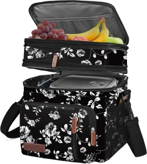 MIYCOO Lunch Bag for Women Men Double Deck Lunch Box - Leakproof Insulated Soft Large Lunch Cooler Bag, (White Flower,15L)