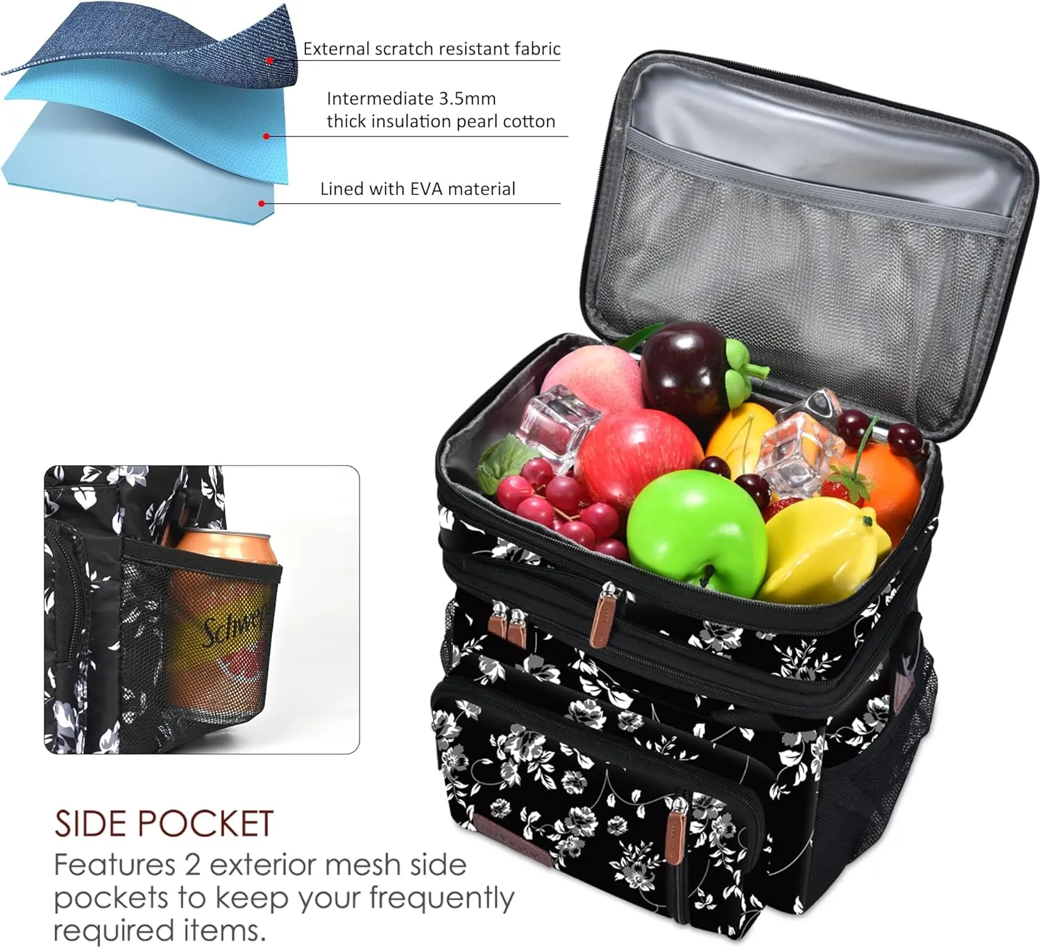 MIYCOO Lunch Bag for Women Men Double Deck Lunch Box - Leakproof Insulated Soft Large Lunch Cooler Bag, (White Flower,15L)