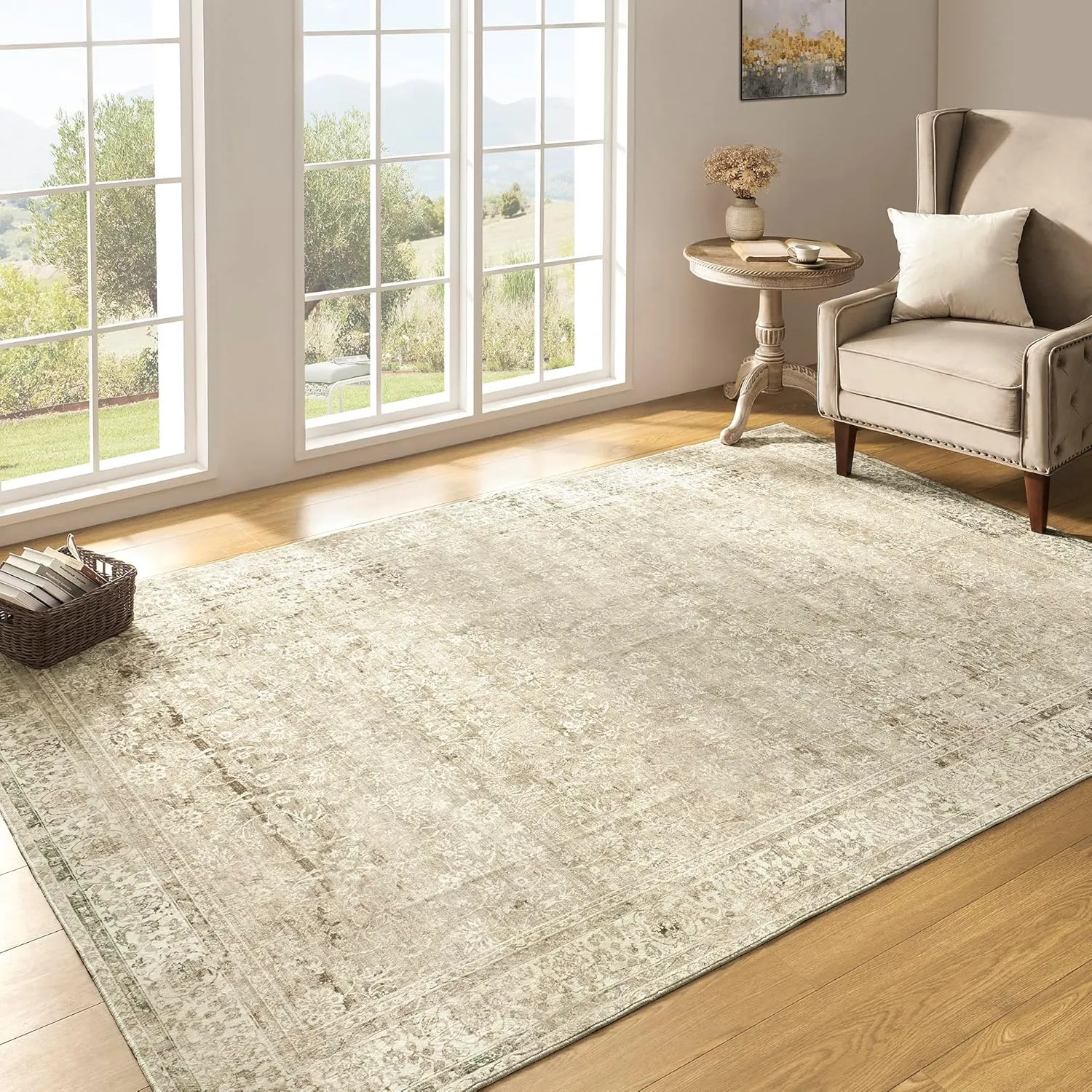 Modern Farmhouse Area Rug 5 x7 Washable Floral Earth Tone Neutral Boho Nursery Rug 5x7 for Baby Boy Bedroom,Tan Brown and Cream Beige