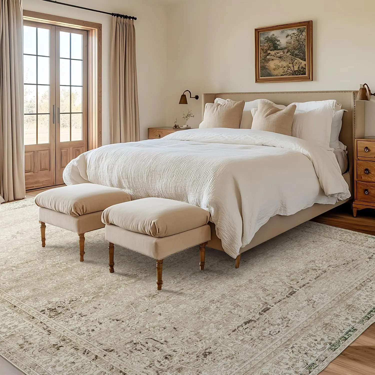 Modern Farmhouse Area Rug 5 x7 Washable Floral Earth Tone Neutral Boho Nursery Rug 5x7 for Baby Boy Bedroom,Tan Brown and Cream Beige