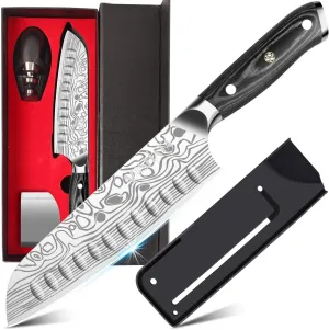 MOSFiATA Santoku Knife- 7 Inch Vegetable Knife Ultra Sharp Chopping Knife- Forged EN.4116 German Steel- Including Sheath,Finger Guard,Knife Sharpener,Full Tang,Best Gifts with Handmade Gift Box