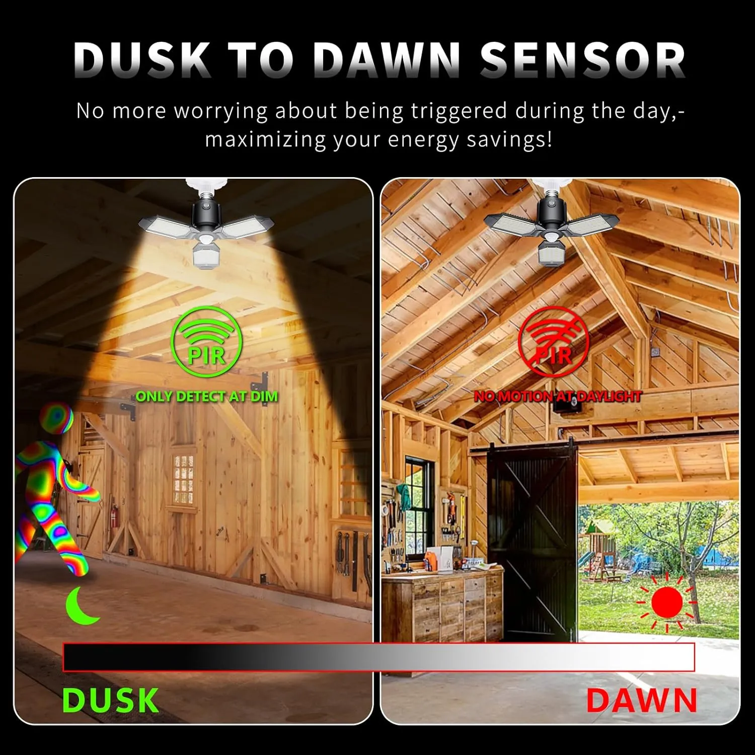 Motion Sensor Ceiling Light - 80W LED, Dusk to Dawn Sensor, Ultra Bright Shop Light Bulb, 2Pack for Garage, Barn, Basement
