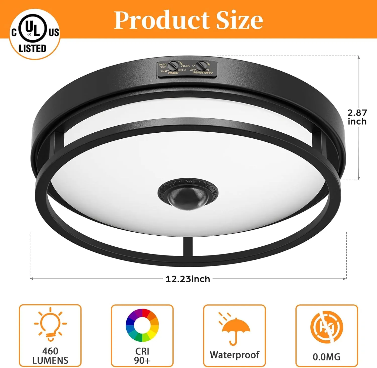 Motion Sensor Outdoor Ceiling Light, Flush Mount LED Ceiling Light Fixture, 12" Dusk to Dawn Porch Lights for Outdoor Ceiling, Black Ceiling Lamp for Entryway, Garage, Hallway