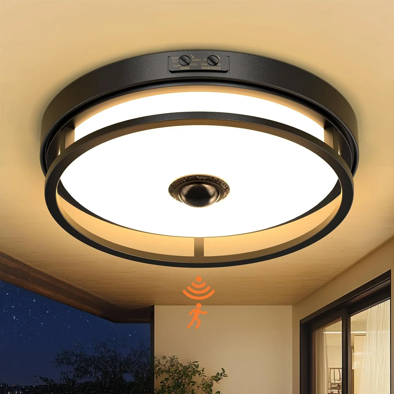 Motion Sensor Outdoor Ceiling Light, Flush Mount LED Ceiling Light Fixture, 12" Dusk to Dawn Porch Lights for Outdoor Ceiling, Black Ceiling Lamp for Entryway, Garage, Hallway