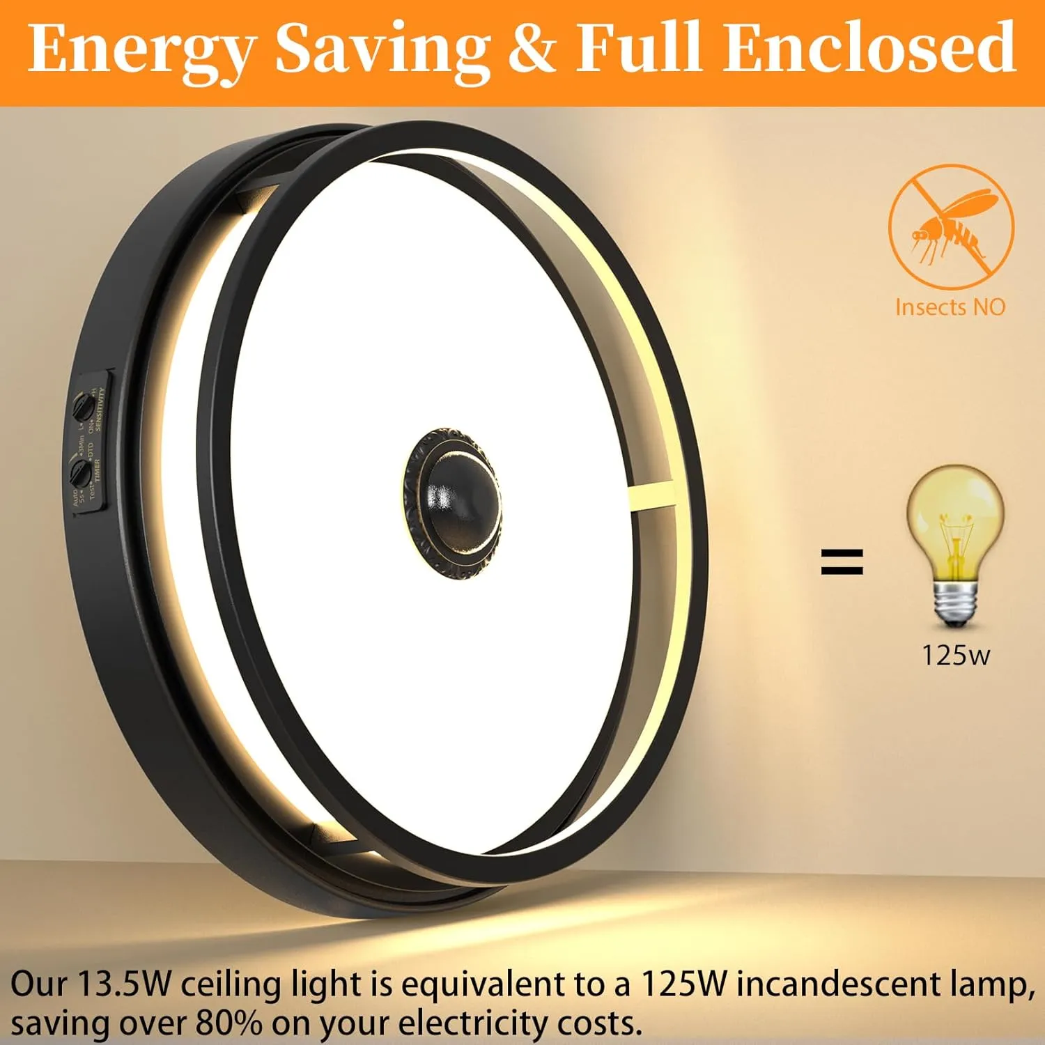 Motion Sensor Outdoor Ceiling Light, Flush Mount LED Ceiling Light Fixture, 12" Dusk to Dawn Porch Lights for Outdoor Ceiling, Black Ceiling Lamp for Entryway, Garage, Hallway