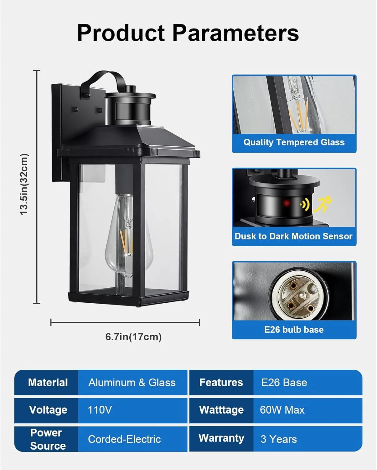 Motion Sensor Outdoor Lights Porch Light Dusk to Dawn Exterior Lighting Fixtures Black Outdoor House Lights Wall Mount for Garage Front Door,Waterproof,1 Pack