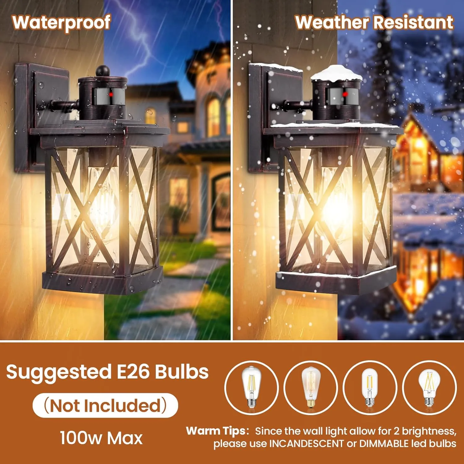 Motion Sensor Outdoor Lights Wall Mount, 2 Packs Brown Dusk to Dawn Waterproof Outside Wall Lights for House, 100% Anti-rust Aluminum Exterior Light Fixtures Wall Lanterns for Porch Garage Patio