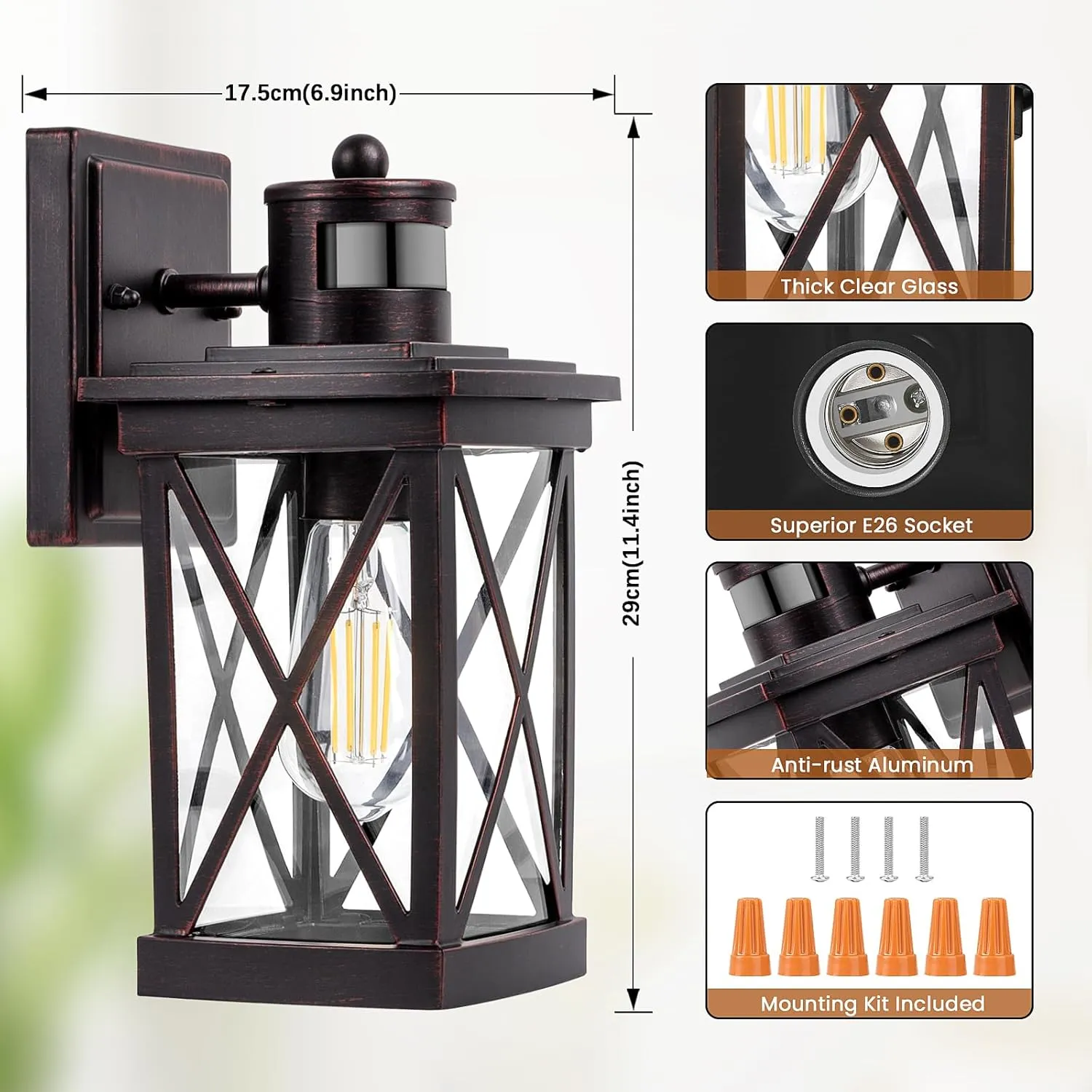 Motion Sensor Outdoor Lights Wall Mount, 2 Packs Brown Dusk to Dawn Waterproof Outside Wall Lights for House, 100% Anti-rust Aluminum Exterior Light Fixtures Wall Lanterns for Porch Garage Patio