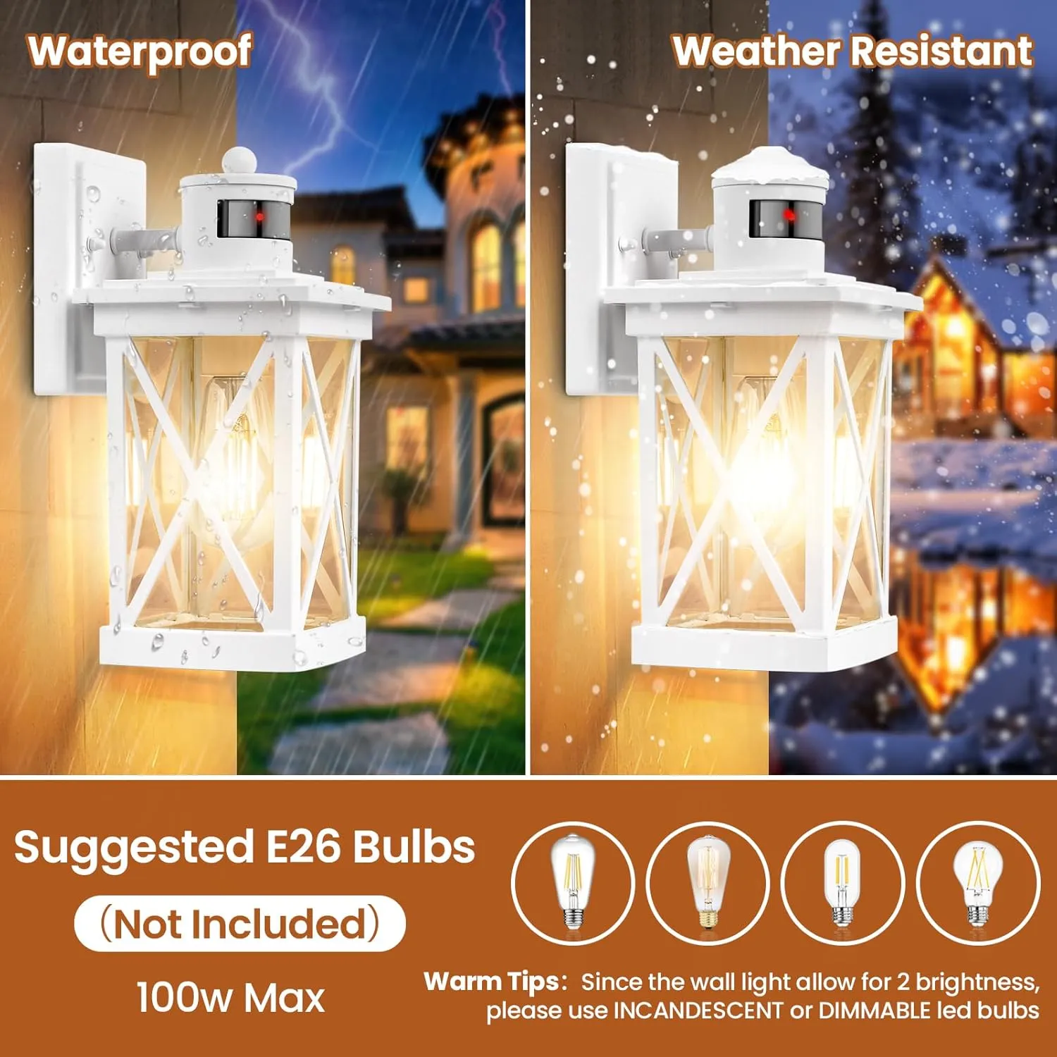 Motion Sensor Outdoor Lights Wall Mount, 2 Packs White Dusk to Dawn Waterproof Outside Wall Lights for House, 100% Anti-rust Aluminum Exterior Light Fixtures Wall Lanterns for Porch Garage Patio