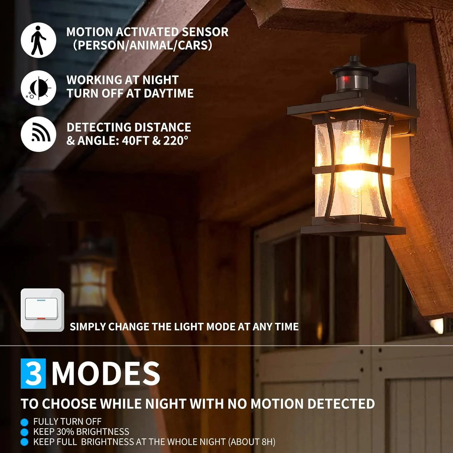 Motion Sensor Outdoor Wall Lights Fixture, Advanced Dusk to Dawn Exterior Lighting, Outside Light for House, Garage, Anti-Rust Waterproof Front Porch Lanterns Fixtures Wall Mount, Seeded Glass, Black