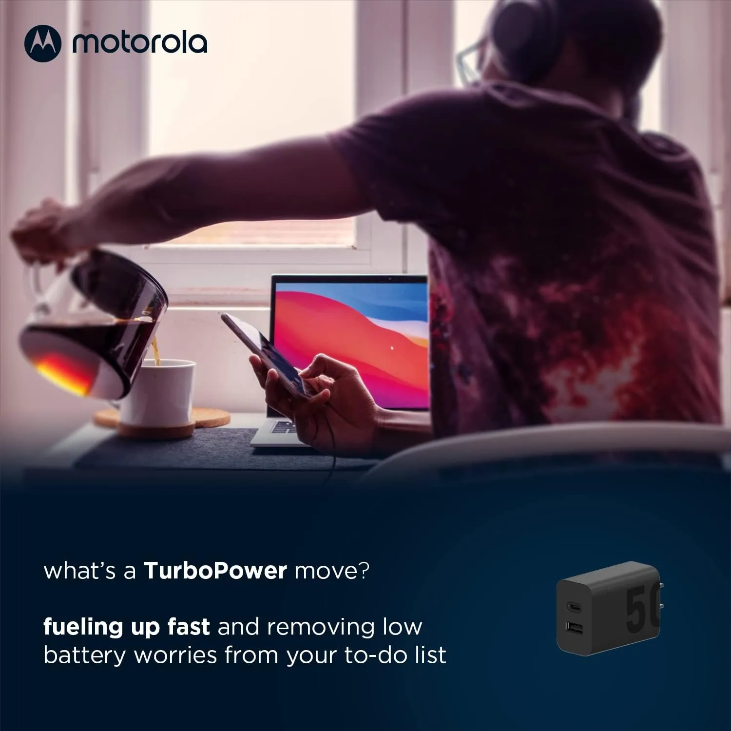 Motorola TurboPower Share 50W Charger- Dual Port USB-A and USB-C, Powerful USB-PD (Power Delivery) and QC3.0 outputs