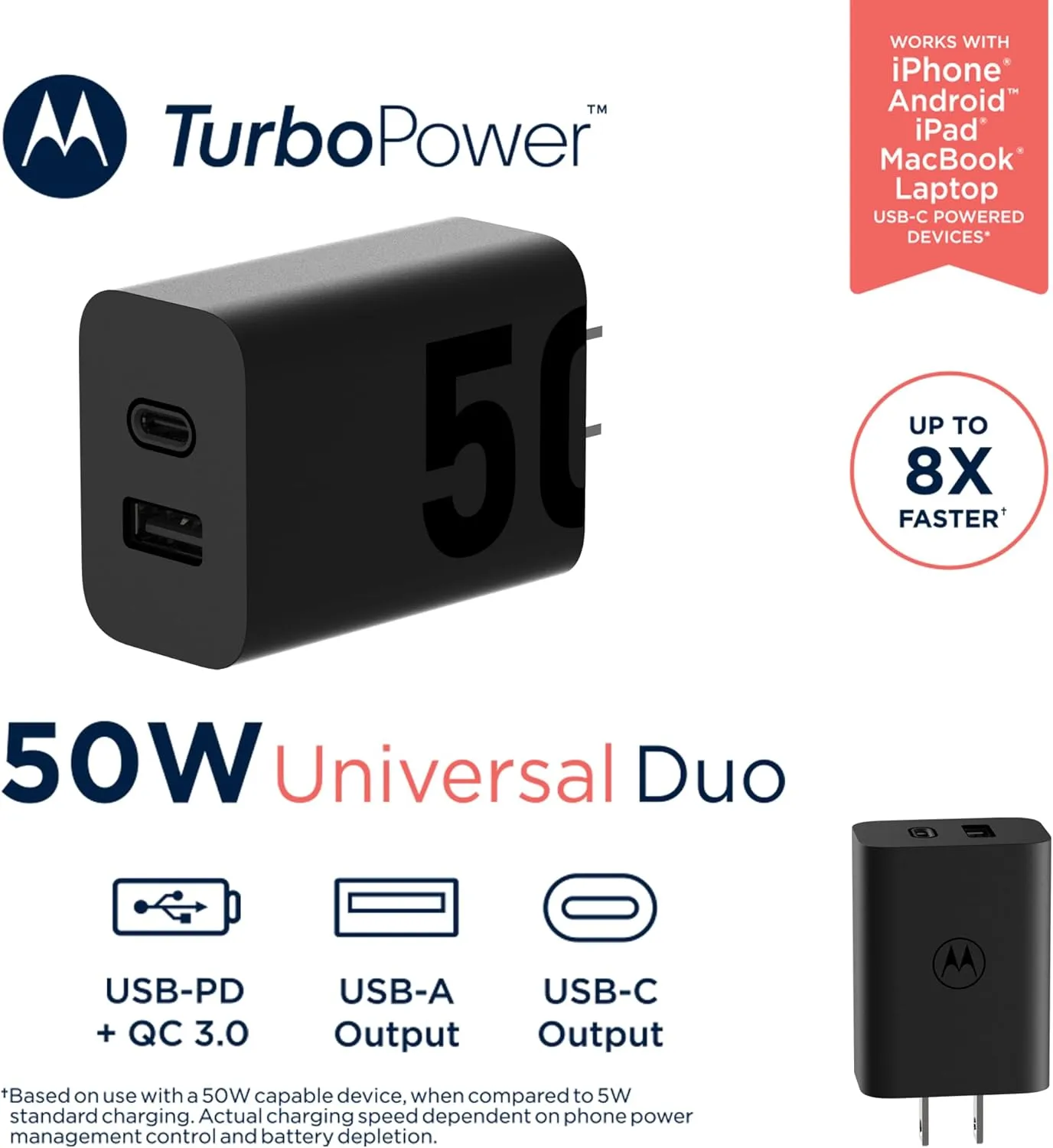 Motorola TurboPower Share 50W Charger- Dual Port USB-A and USB-C, Powerful USB-PD (Power Delivery) and QC3.0 outputs