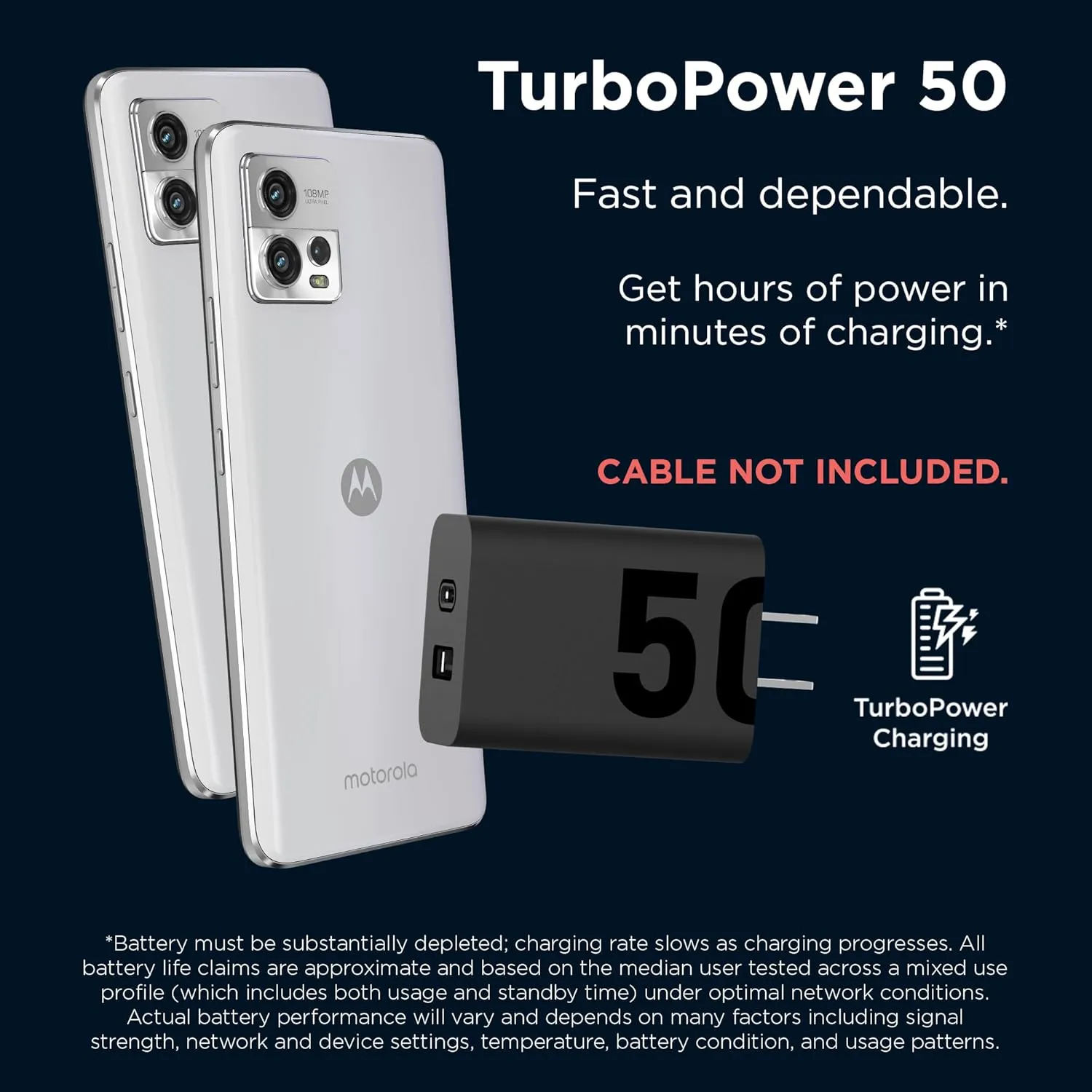 Motorola TurboPower Share 50W Charger- Dual Port USB-A and USB-C, Powerful USB-PD (Power Delivery) and QC3.0 outputs