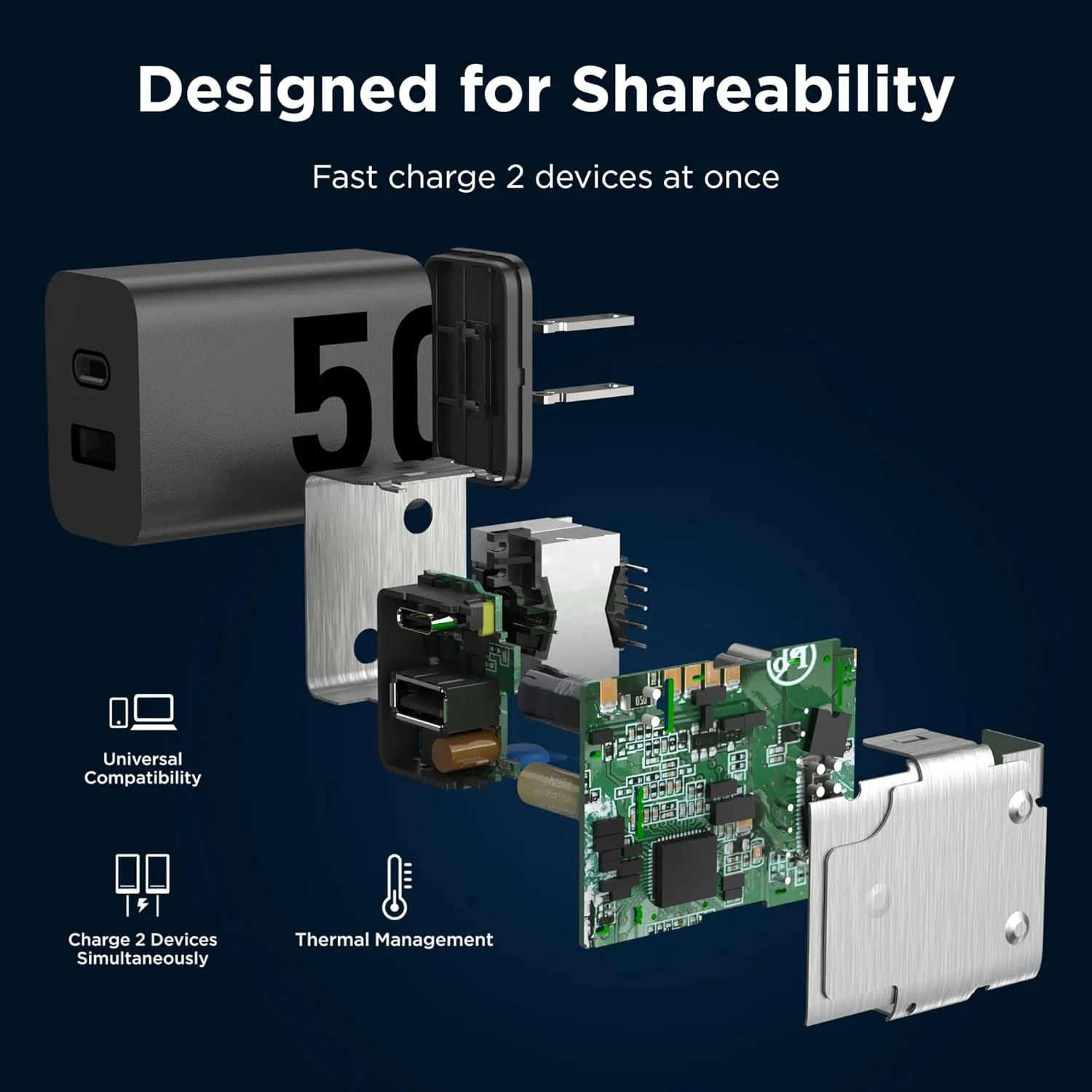 Motorola TurboPower Share 50W Charger- Dual Port USB-A and USB-C, Powerful USB-PD (Power Delivery) and QC3.0 outputs