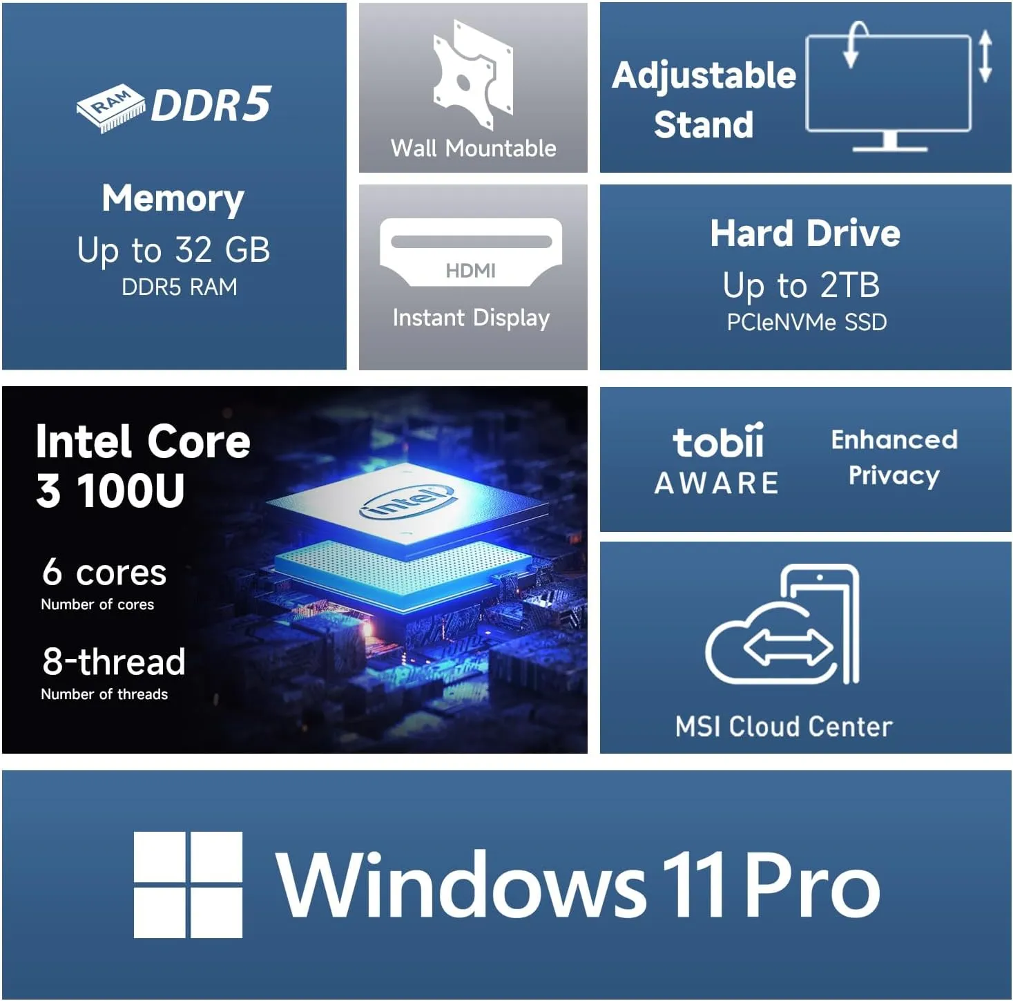 MSI Pro Modern AIO Desktop, 23.8" FHD Touchscreen, 6 Cores Intel Core 3 100U, 16GB DDR5 RAM, 512GB SSD, Adjustable Height & Angle, IR Webcam, AI Engine, Win11 P, Bundle with ADATA 256GB Flash Drive