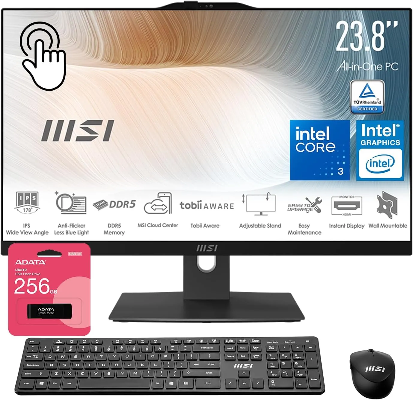 MSI Pro Modern AIO Desktop, 23.8" FHD Touchscreen, 6 Cores Intel Core 3 100U, 16GB DDR5 RAM, 512GB SSD, Adjustable Height & Angle, IR Webcam, AI Engine, Win11 P, Bundle with ADATA 256GB Flash Drive