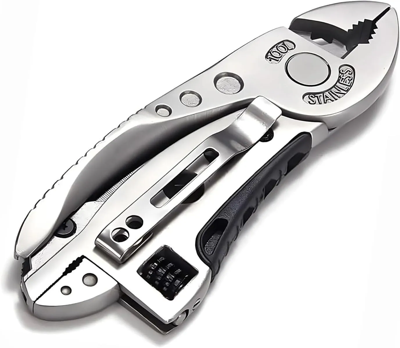 Multitool Wrench Adjustable Folding Wrench Pliers Wire Cutter Screwdriver Bits Portable Camping Pocket Multi Purpose Tool Survival Emergency Gear Assembly Stainless Steel for Outdoor Hunting Hiking