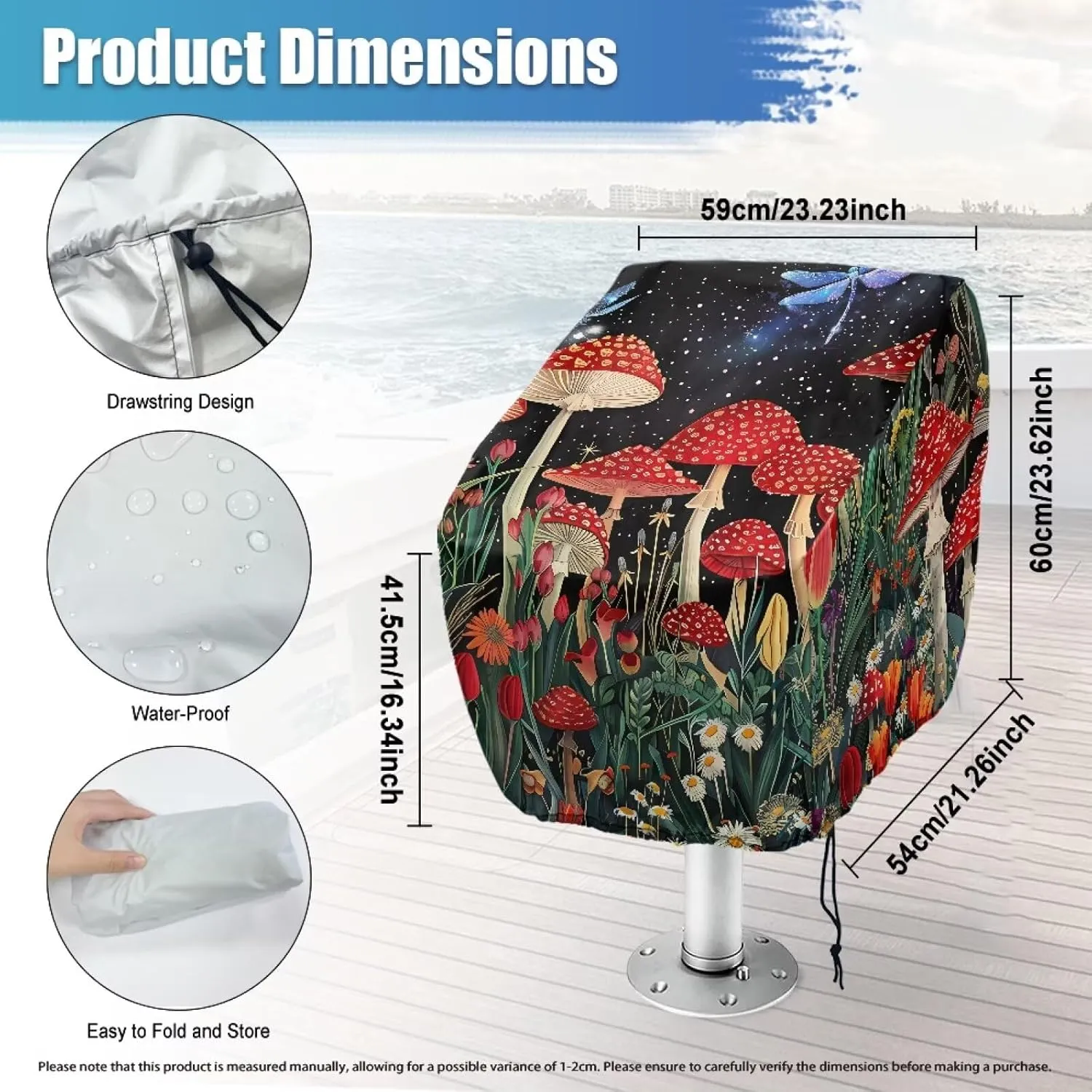 Mushroom Dragonfly Boat Folding Seat Cover Silver-Plated Polyester Weather Resistant Material Captain's Chair Cover Full Length Protection for Your Boat Seat Cover