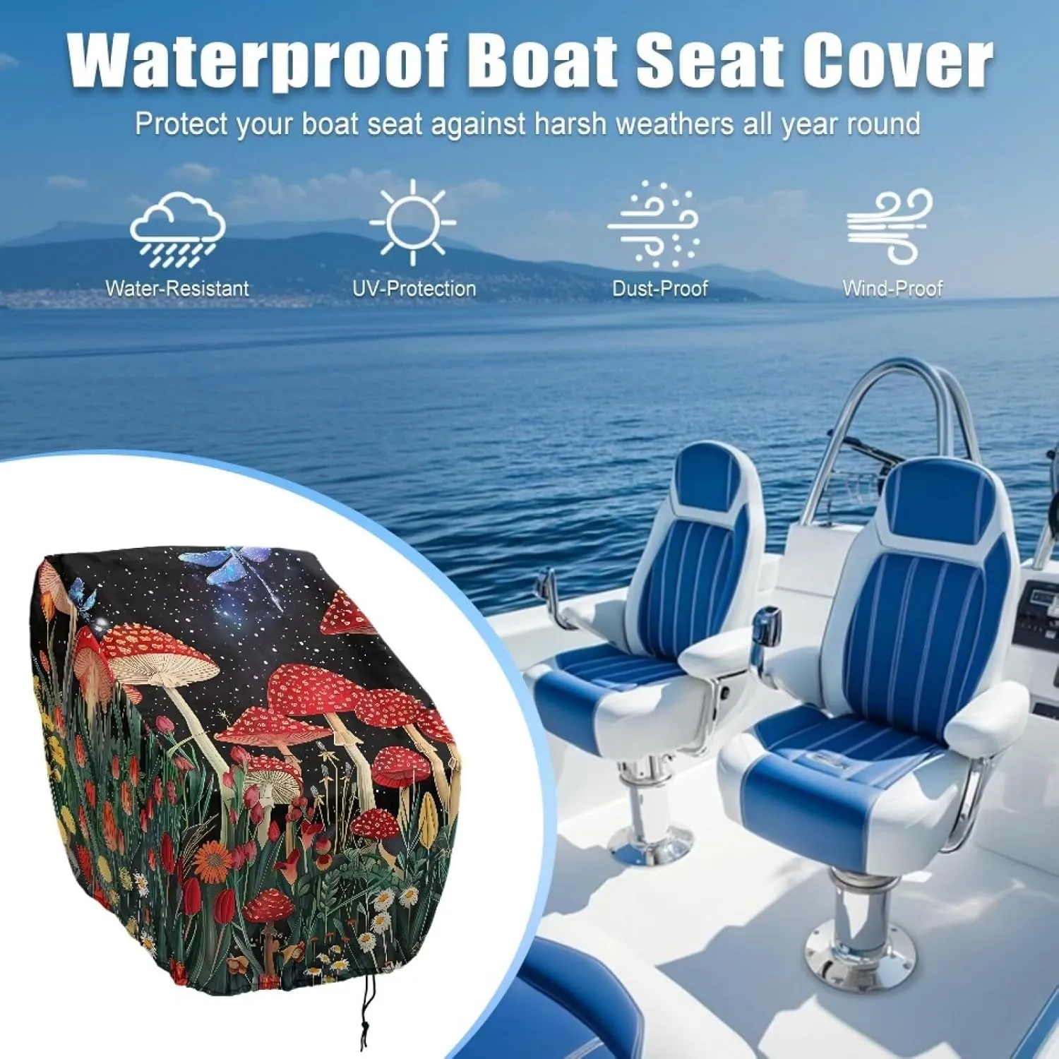 Mushroom Dragonfly Boat Folding Seat Cover Silver-Plated Polyester Weather Resistant Material Captain's Chair Cover Full Length Protection for Your Boat Seat Cover