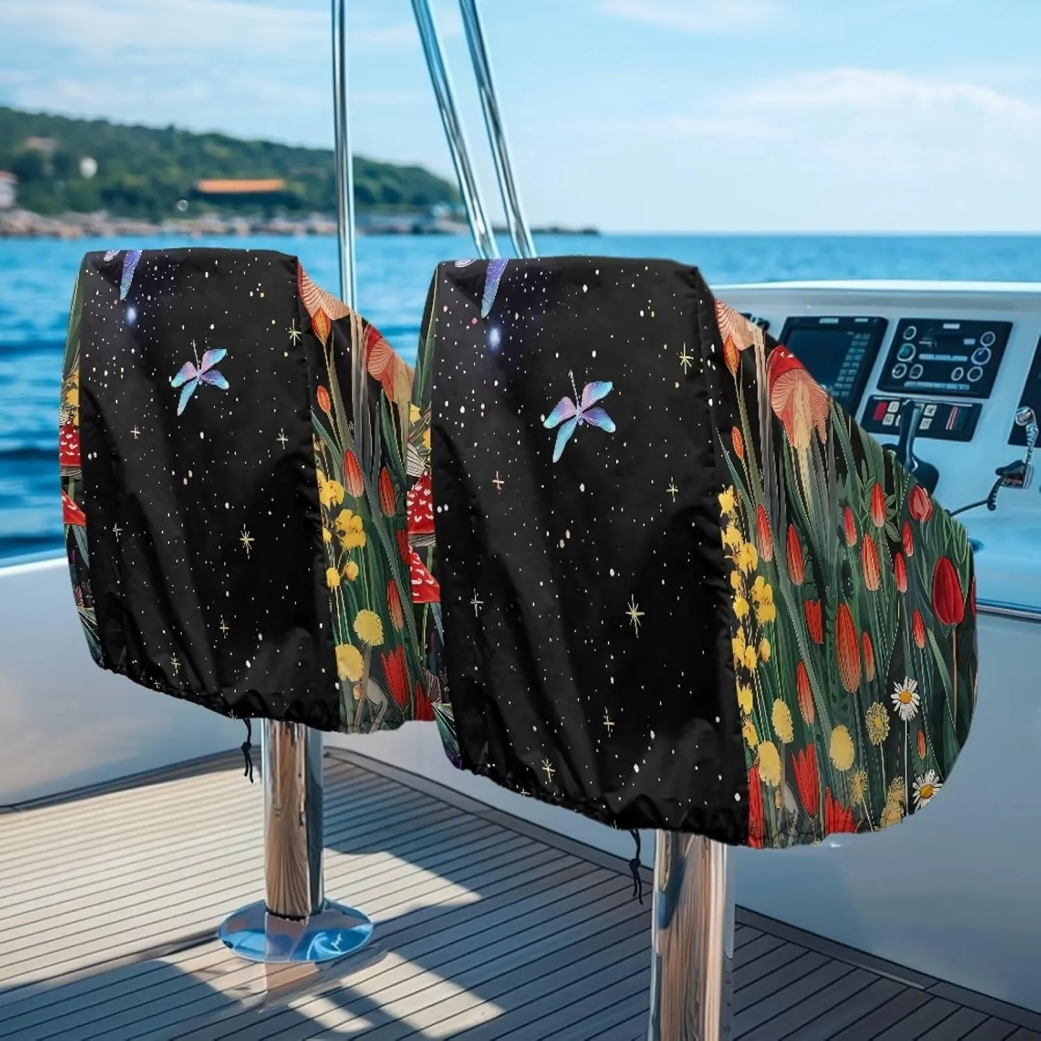 Mushroom Dragonfly Boat Folding Seat Cover Silver-Plated Polyester Weather Resistant Material Captain's Chair Cover Full Length Protection for Your Boat Seat Cover