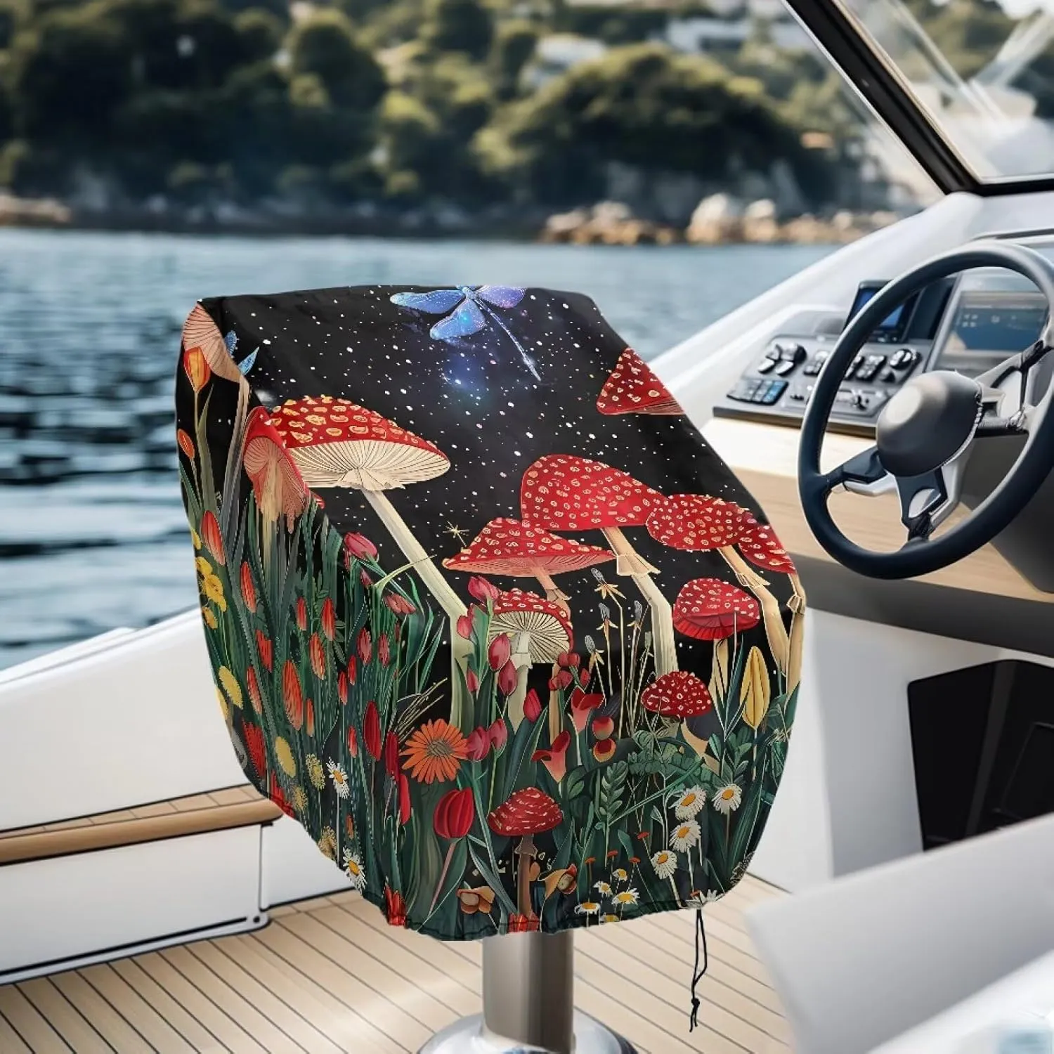 Mushroom Dragonfly Boat Folding Seat Cover Silver-Plated Polyester Weather Resistant Material Captain's Chair Cover Full Length Protection for Your Boat Seat Cover
