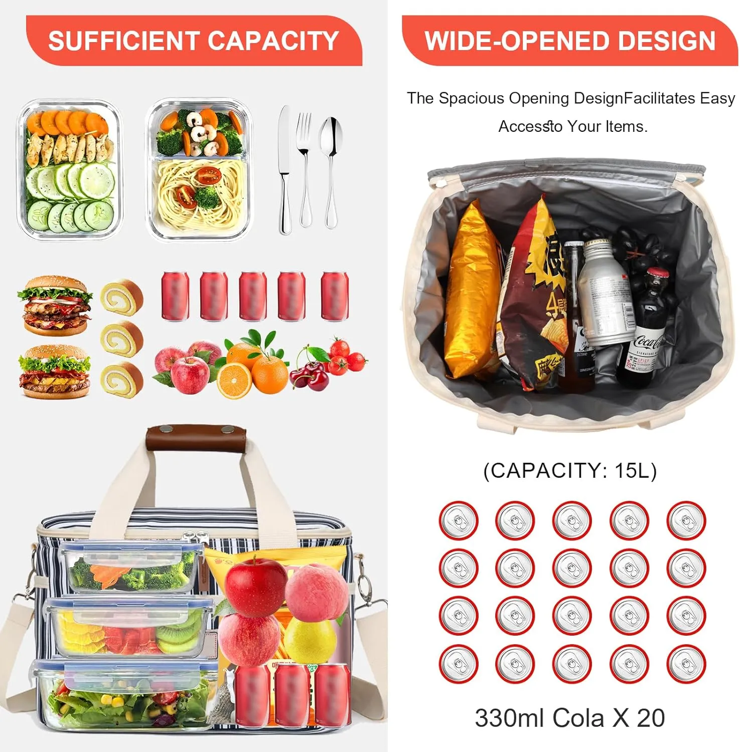 Nanxson 15L/29L Extra Large Insulated Lunch Bag for Women Adult Reusable Leakproof Picnic Lunch Box Freezable Cooler Tote Bag (15L,A-Navy Stripe)