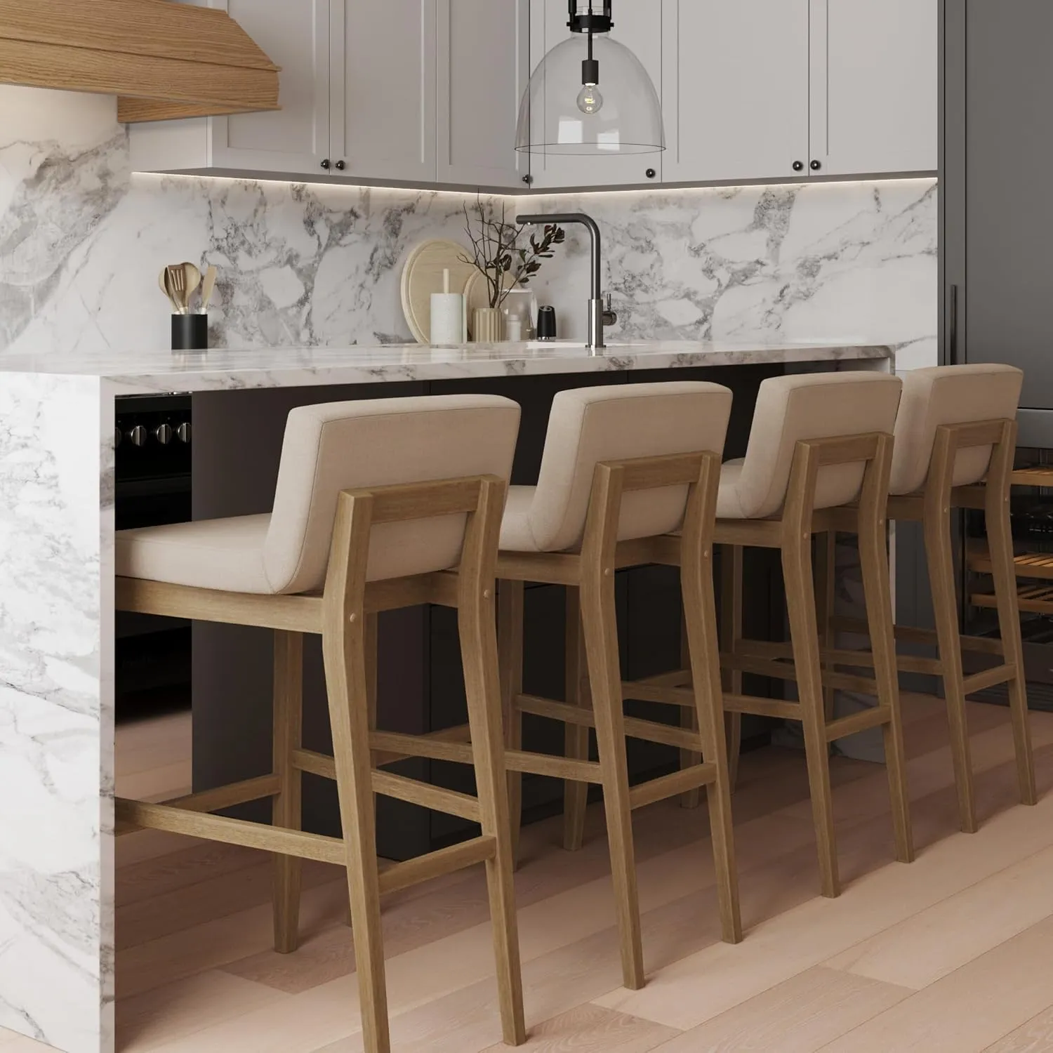 Nathan James Gracie Modern Bar Stool with Back, Cushioned Bar Height Stool with Natural Flax Upholstery and Brushed Wooden Legs, Natural Flax/Brown