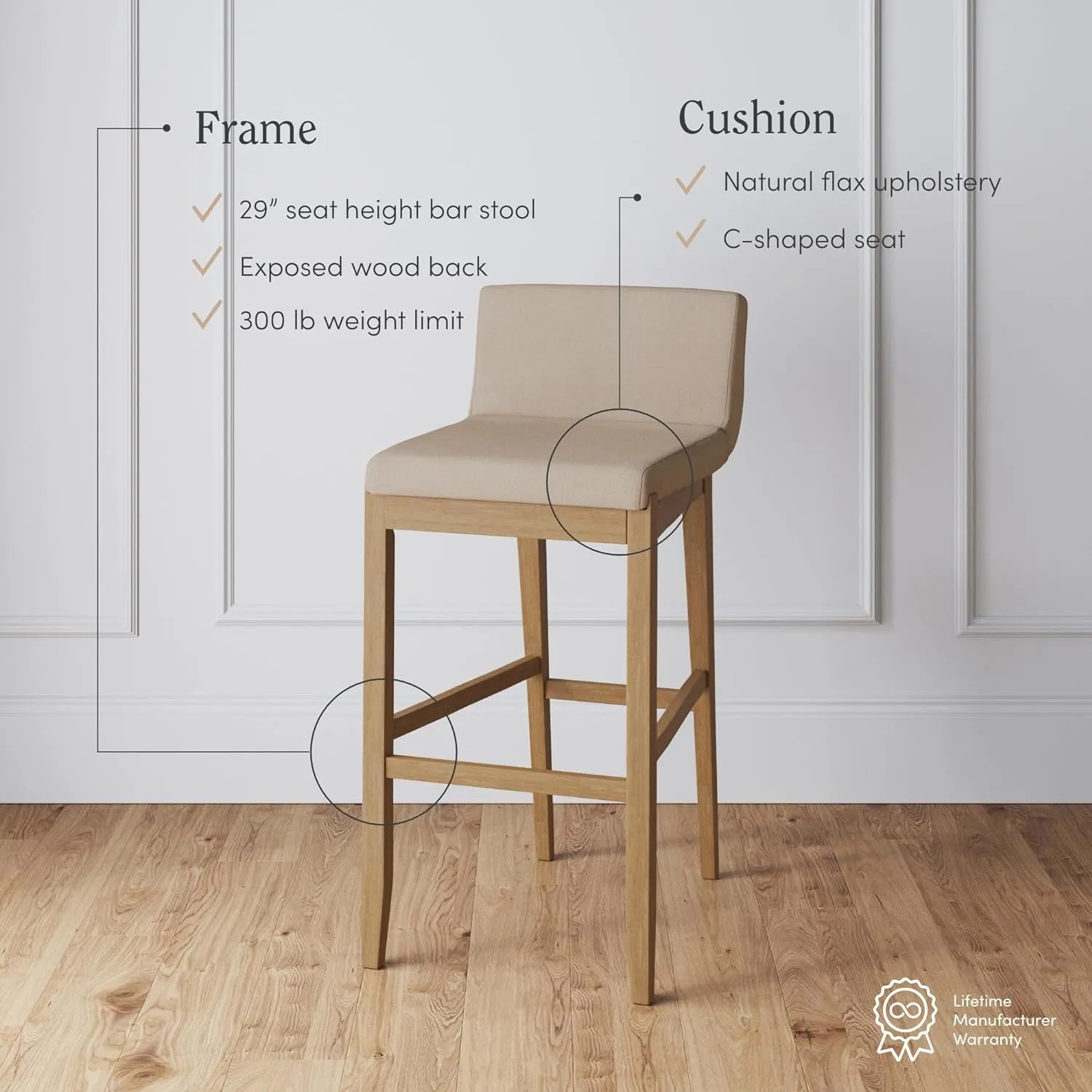 Nathan James Gracie Modern Bar Stool with Back, Cushioned Bar Height Stool with Natural Flax Upholstery and Brushed Wooden Legs, Natural Flax/Brown