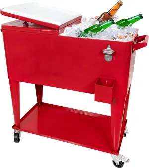 Nattork Portable Rolling Cooler Cart 80 Quart Cooler cart, Ice Chest Cart Trolley Rolling Cart Cooler with Wheels Outdoor Beverage Cooler for Patio Ice Chest with Shelf, Water Pipe and Bottle Opener