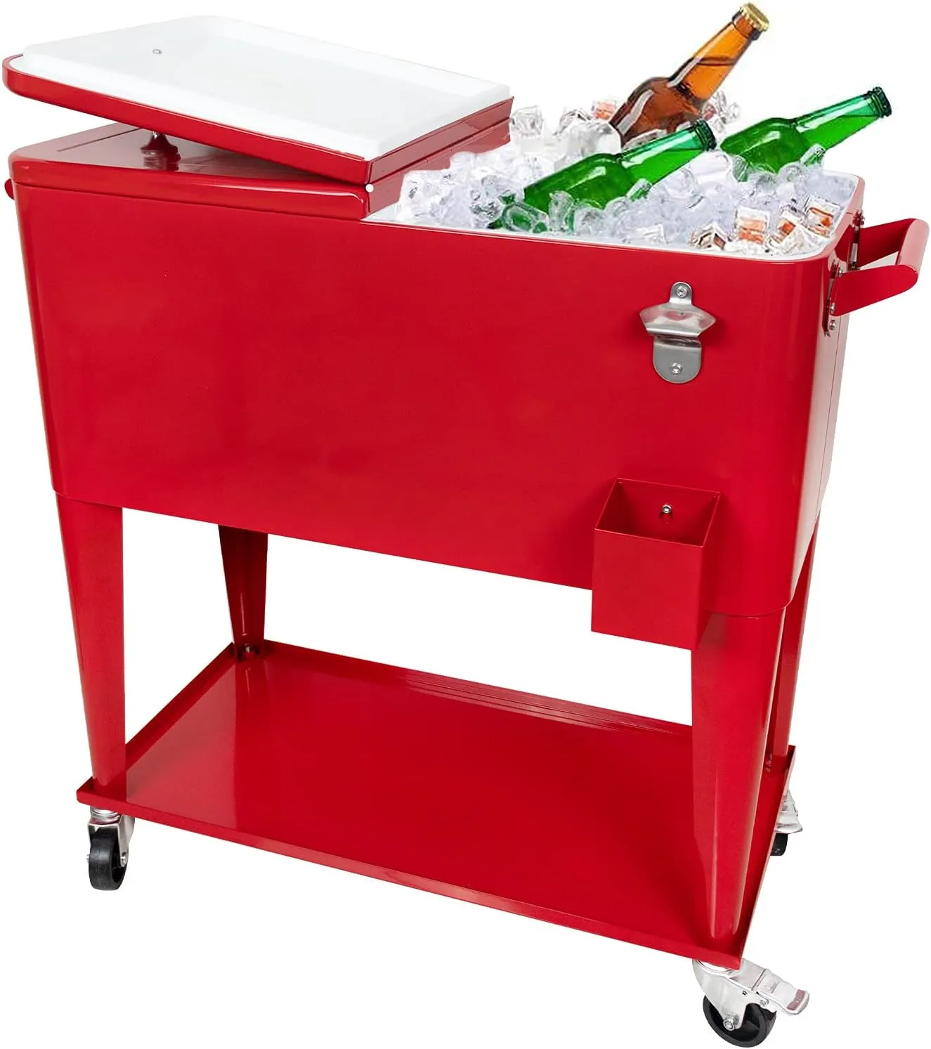 Nattork Portable Rolling Cooler Cart 80 Quart Cooler cart, Ice Chest Cart Trolley Rolling Cart Cooler with Wheels Outdoor Beverage Cooler for Patio Ice Chest with Shelf, Water Pipe and Bottle Opener