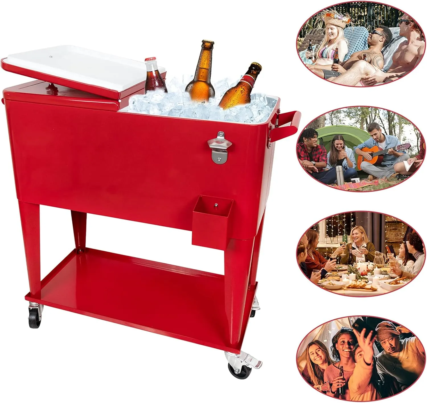 Nattork Portable Rolling Cooler Cart 80 Quart Cooler cart, Ice Chest Cart Trolley Rolling Cart Cooler with Wheels Outdoor Beverage Cooler for Patio Ice Chest with Shelf, Water Pipe and Bottle Opener