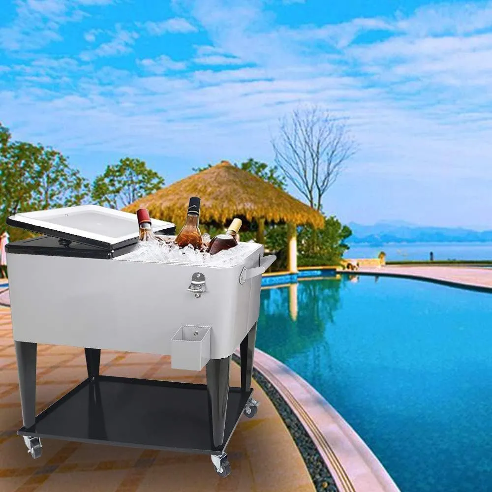 Nattork Portable Rolling Cooler Cart 80 Quart Cooler cart, Ice Chest Cart Trolley Rolling Cart Cooler with Wheels Outdoor Beverage Cooler for Patio Ice Chest with Shelf, Water Pipe and Bottle Opener