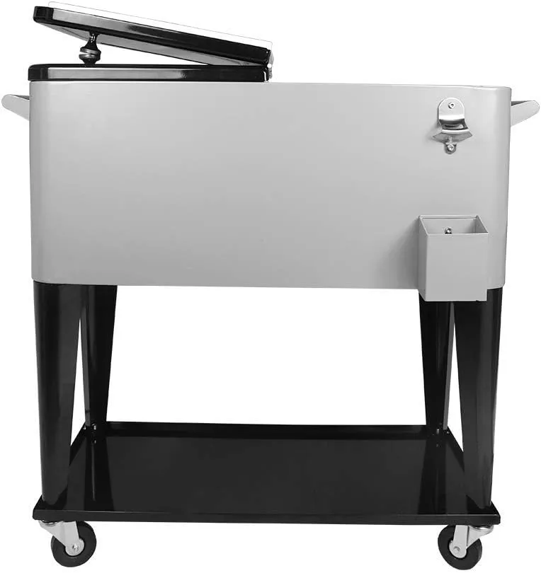 Nattork Portable Rolling Cooler Cart 80 Quart Cooler cart, Ice Chest Cart Trolley Rolling Cart Cooler with Wheels Outdoor Beverage Cooler for Patio Ice Chest with Shelf, Water Pipe and Bottle Opener