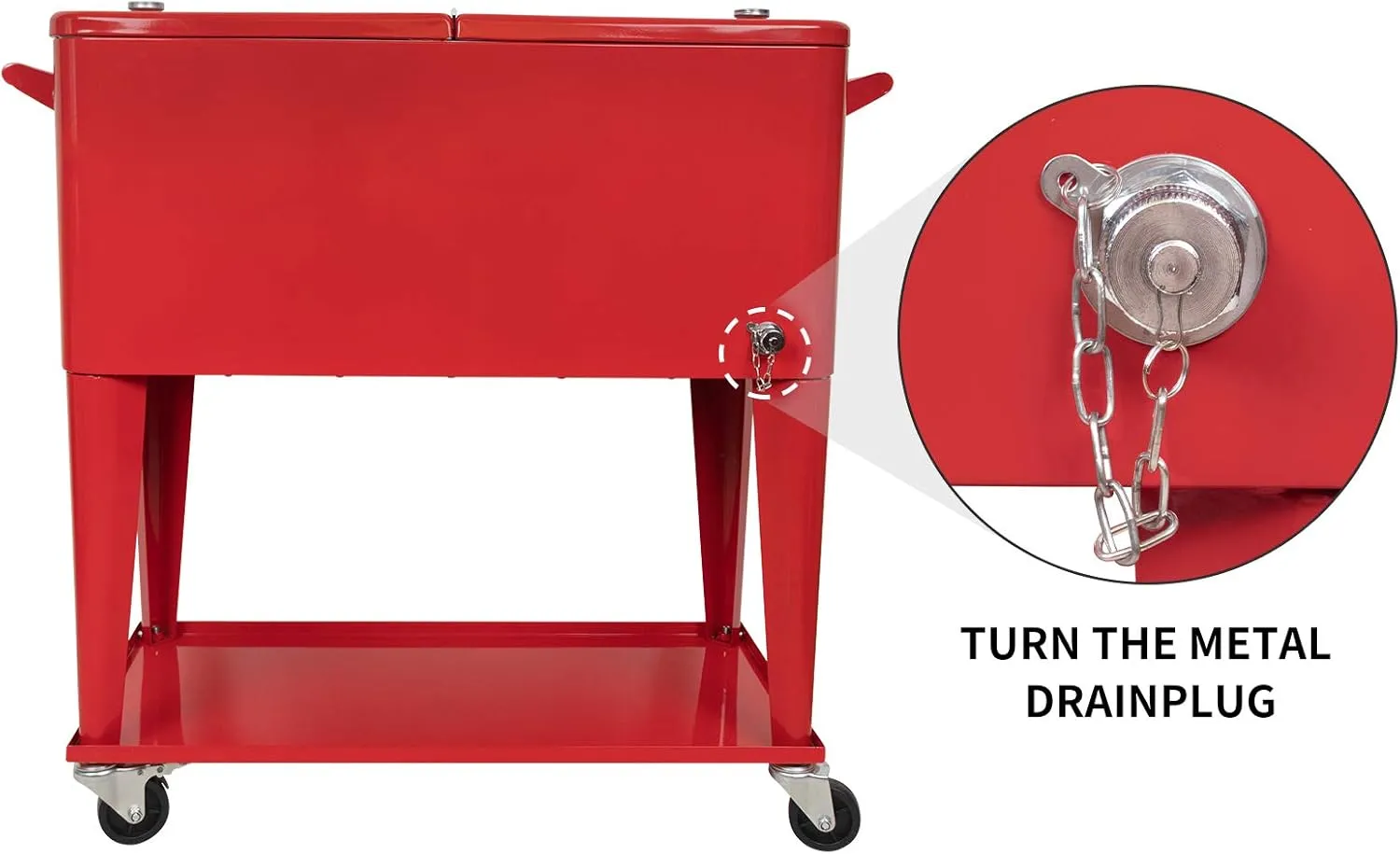 Nattork Portable Rolling Cooler Cart 80 Quart Cooler cart, Ice Chest Cart Trolley Rolling Cart Cooler with Wheels Outdoor Beverage Cooler for Patio Ice Chest with Shelf, Water Pipe and Bottle Opener