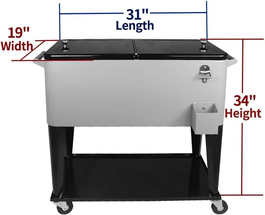 Nattork Portable Rolling Cooler Cart 80 Quart Cooler cart, Ice Chest Cart Trolley Rolling Cart Cooler with Wheels Outdoor Beverage Cooler for Patio Ice Chest with Shelf, Water Pipe and Bottle Opener