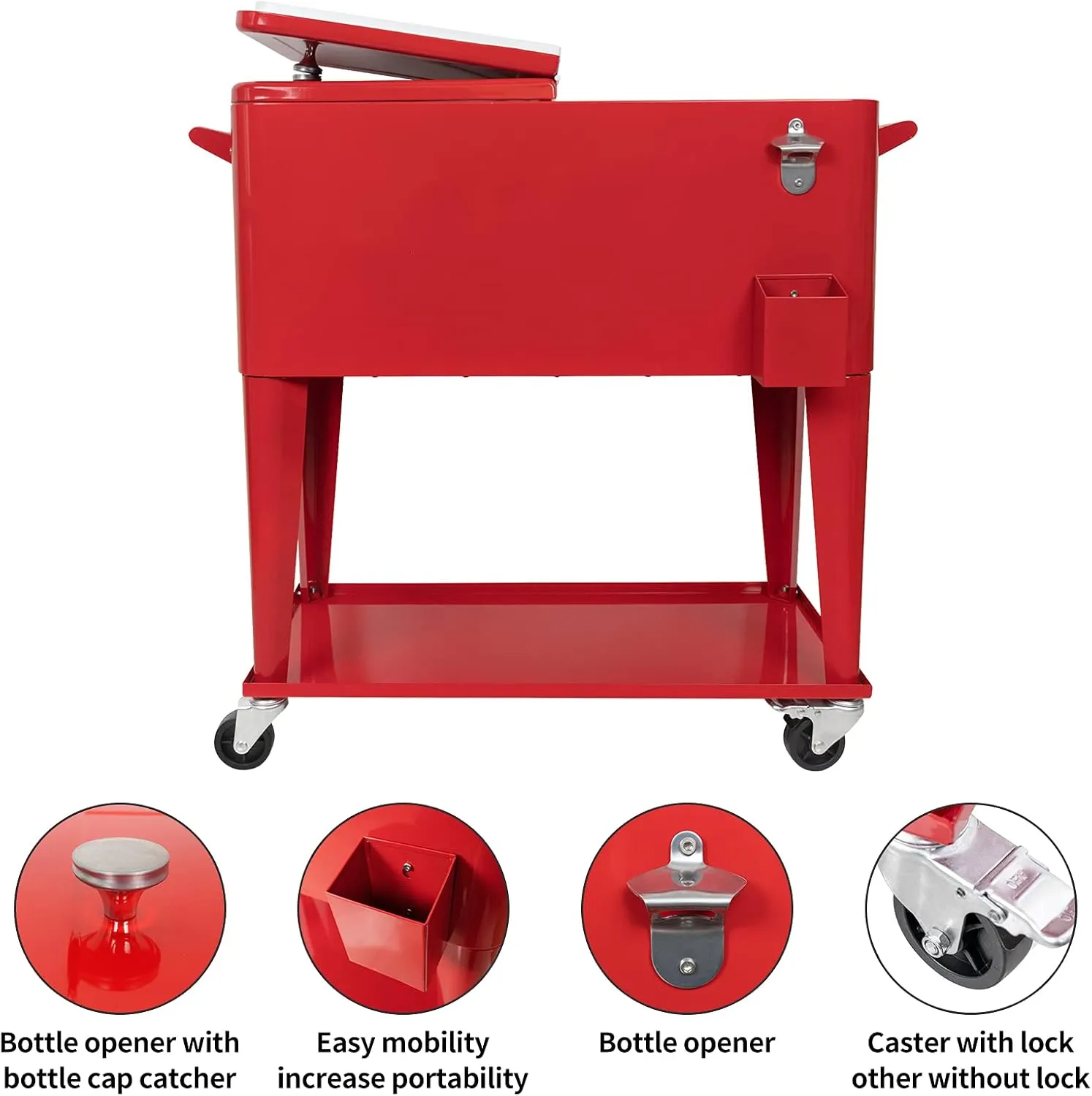 Nattork Portable Rolling Cooler Cart 80 Quart Cooler cart, Ice Chest Cart Trolley Rolling Cart Cooler with Wheels Outdoor Beverage Cooler for Patio Ice Chest with Shelf, Water Pipe and Bottle Opener