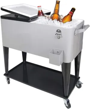 Nattork Portable Rolling Cooler Cart 80 Quart Cooler cart, Ice Chest Cart Trolley Rolling Cart Cooler with Wheels Outdoor Beverage Cooler for Patio Ice Chest with Shelf, Water Pipe and Bottle Opener