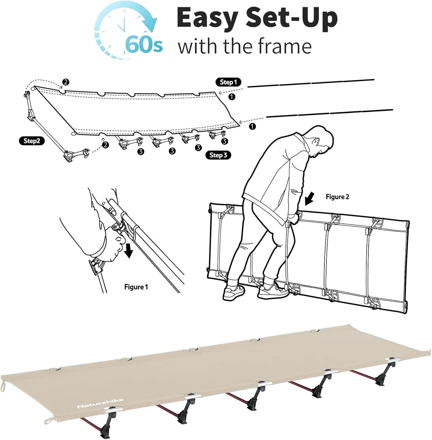Naturehike Ultralight Camping Cot, Easy to Assemble Folding Tent Cot, Compact & Protable Camping Bed for Camping, Mountaineering, & Hiking, Supports 330lbs with Carry Bag, Kahki