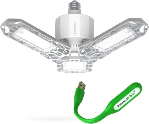 NEBO High Bright 6000 Lumen Extremely Bright Adjustable 3 LED Heads ETL Certified Garage Light with EdisonBright USB Powered Reading Light