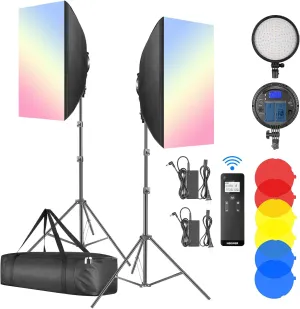 NEEWER LED Softbox Lighting Kit with 2.4G Remote, 2 Pack 48W Bi Color Continuous Photography Light 2900K-7000K, Color Filters/Stands/NP-F Battery Holder for Outdoor Video Recording, NW48 II