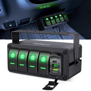 Nilight 4 Gang Rocker Switch Box 12V SPST ON Off Toggle Switches PD Type C and QC 3.0 USB Charger Voltmeter LED Light Waterproof Aluminum Mount Bracket Panel DIY Stickers for Boat Car RV Truck