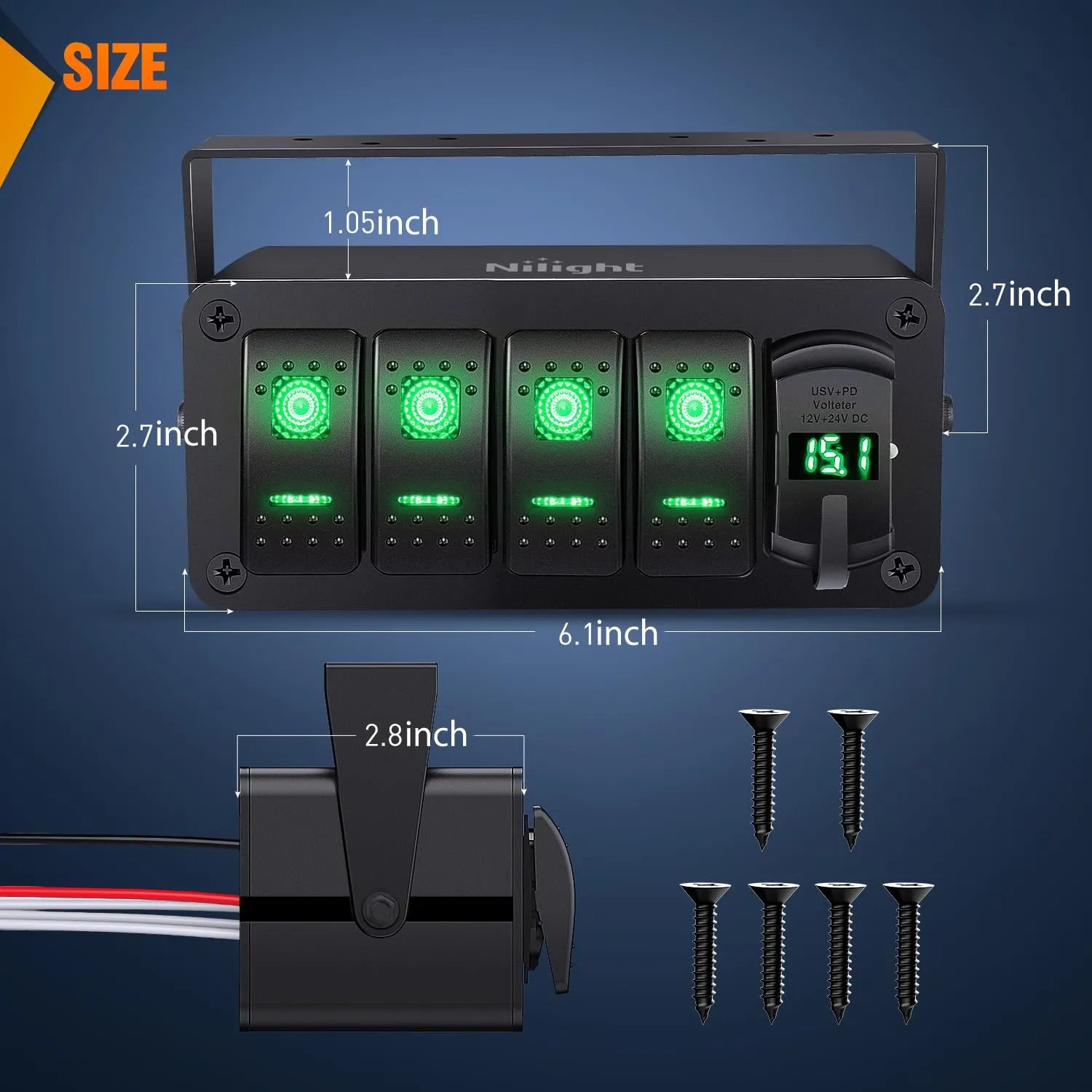 Nilight 4 Gang Rocker Switch Box 12V SPST ON Off Toggle Switches PD Type C and QC 3.0 USB Charger Voltmeter LED Light Waterproof Aluminum Mount Bracket Panel DIY Stickers for Boat Car RV Truck
