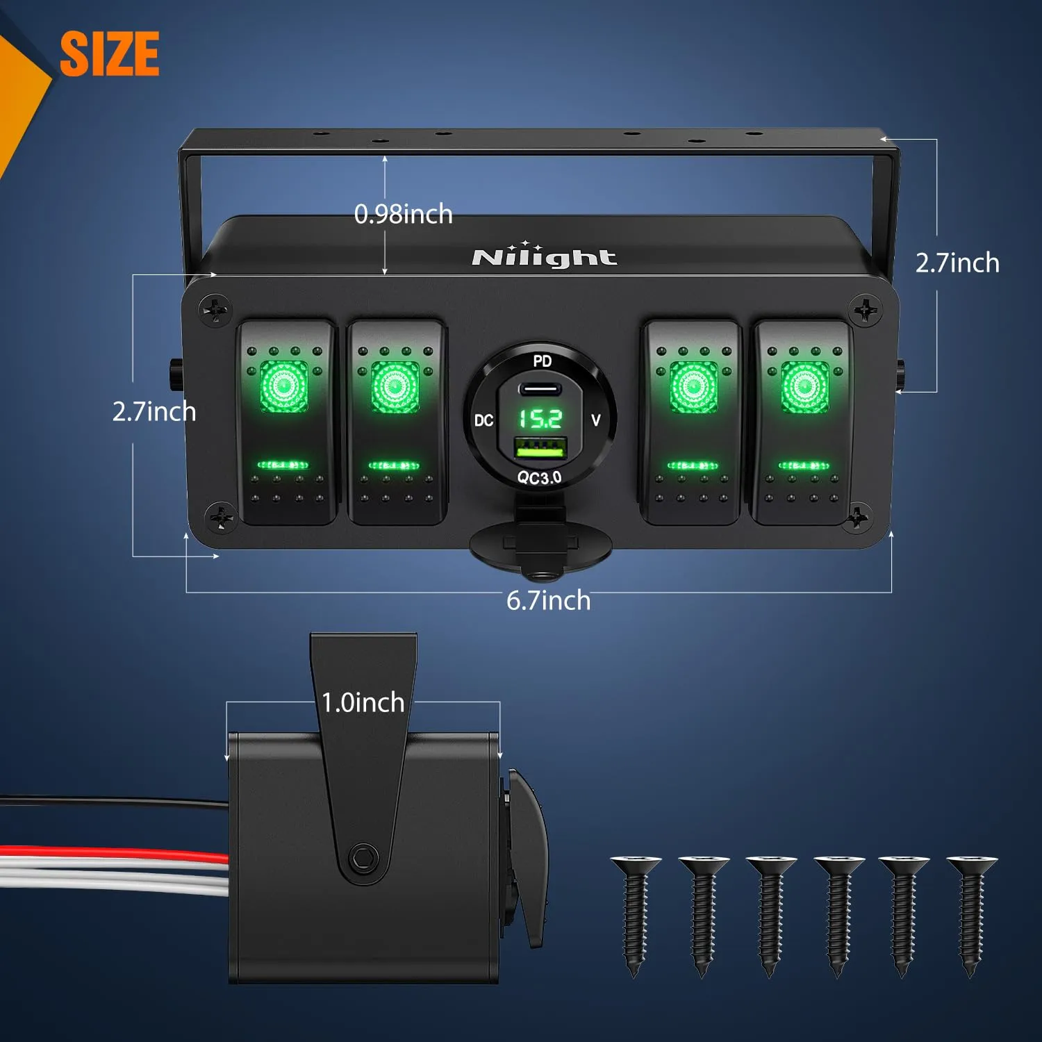 Nilight 4 Gang Rocker Switch Box 12V SPST ON Off Toggle Switches PD Type C and QC 3.0 USB Charger Voltmeter LED Light Waterproof Aluminum Mount Bracket Panel DIY Stickers for Boat Car RV Truck