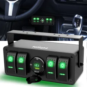 Nilight 4 Gang Rocker Switch Box 12V SPST ON Off Toggle Switches PD Type C and QC 3.0 USB Charger Voltmeter LED Light Waterproof Aluminum Mount Bracket Panel DIY Stickers for Boat Car RV Truck