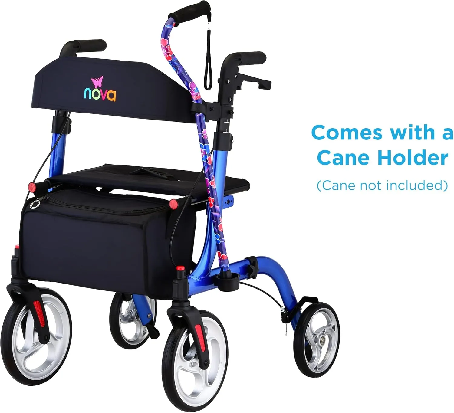 NOVA Medical Products Express Rollator Walker Large 10” 8” Wheels Compact Foldable Free Standing Easy to Fold Lift Carry Comes with Cane Holder, Blue