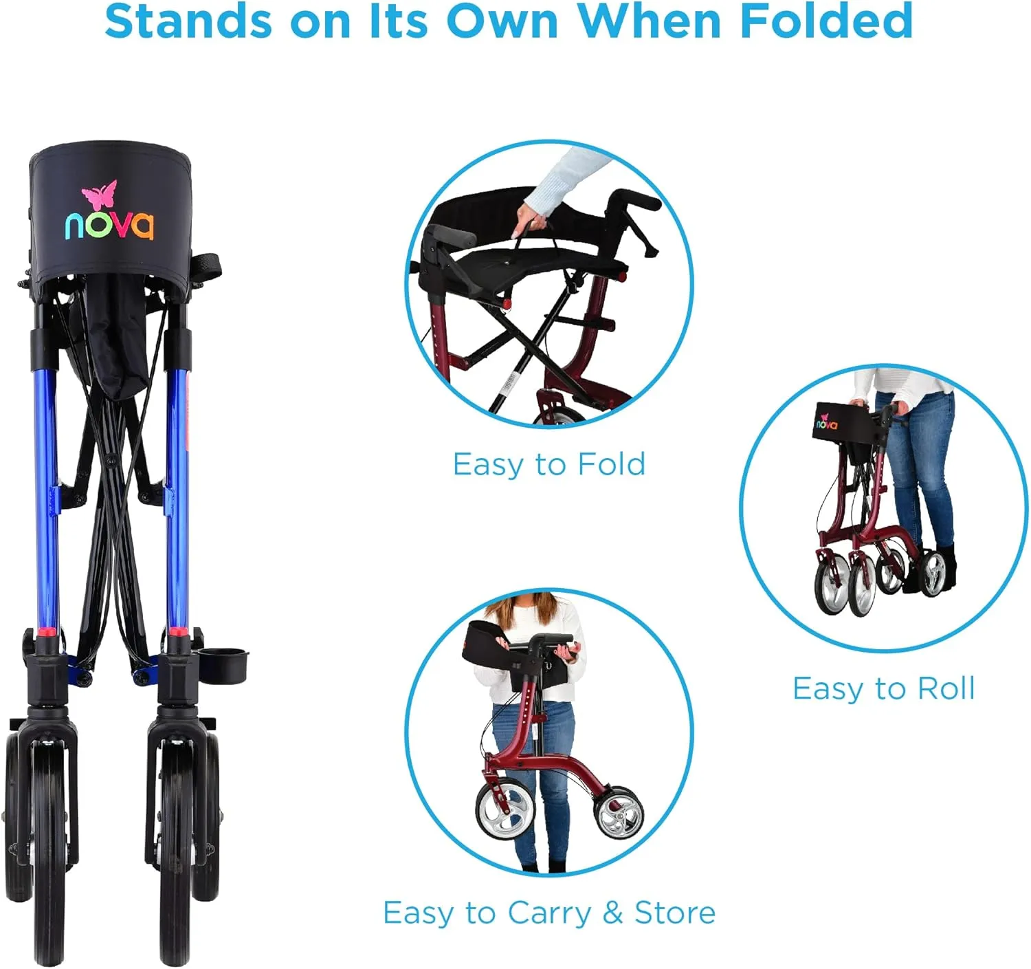 NOVA Medical Products Express Rollator Walker Large 10” 8” Wheels Compact Foldable Free Standing Easy to Fold Lift Carry Comes with Cane Holder, Blue