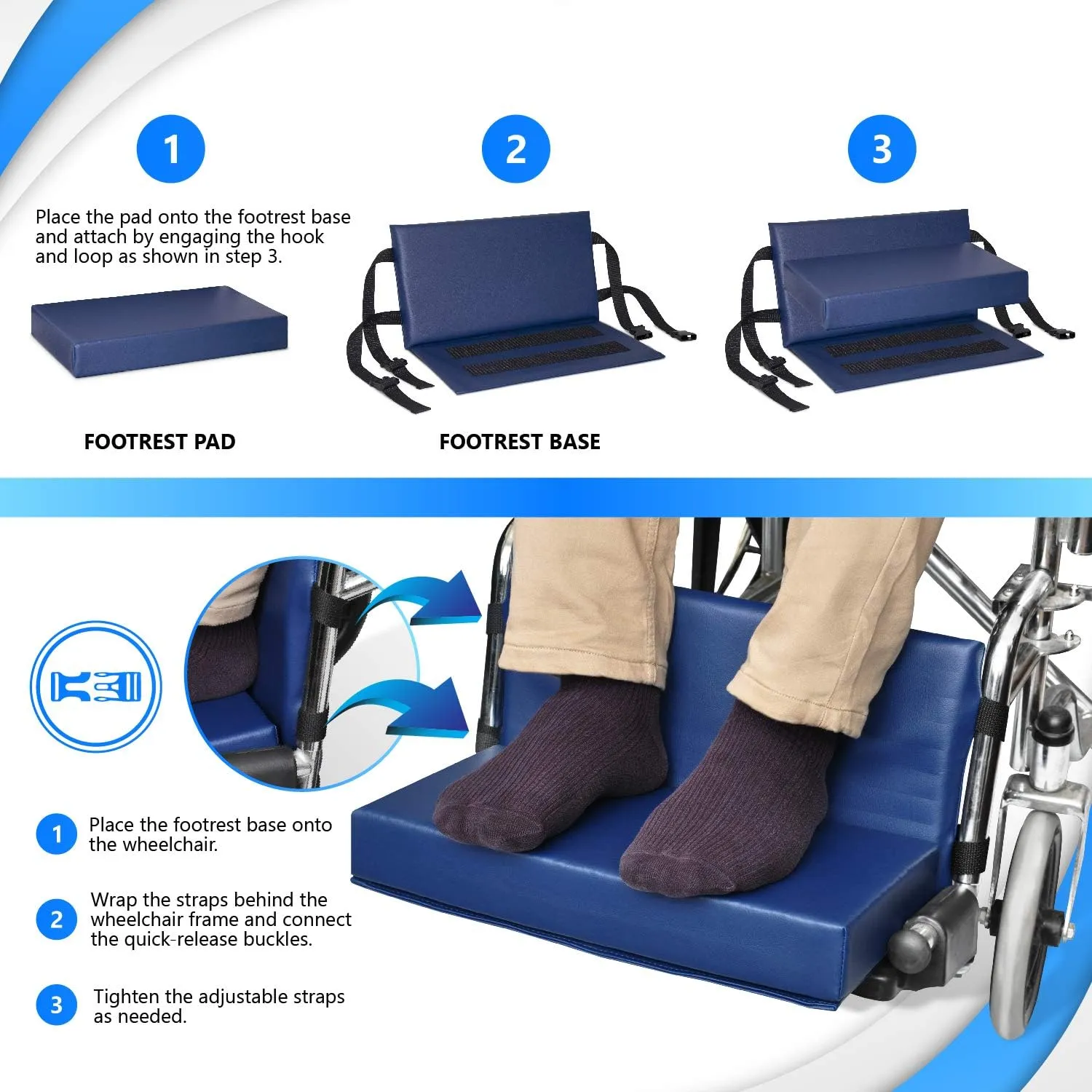 NYOrtho Wheelchair Foot-Rest Extender Elevating Pad - Leg Cushion Protector | Secures Easily with Quick-Release Strap Seat Widths 22" - 24", 2" Foot Platform - Made in USA