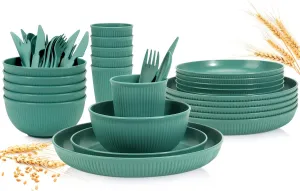 OAMCEG Plates and Bowls Sets Kitchen 30 Pcs, Plastic Wheat Straw Dinnerware Set, Dinner Plate/Dessert Plate/Cereal Bowl/Cup/Flatware Set, Dishwasher Microwave Safe, Outdoor Camping Dishes, Green